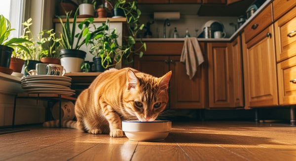 Orange cat eating in kitchen