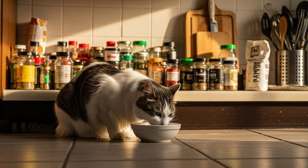 Gray white cat eating in kitchen