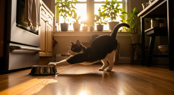Black white cat stretching in kitchen